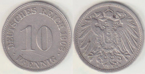 1908 D Germany 10 Pfennig A008455
